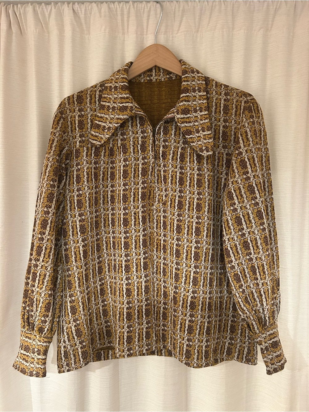 Vintage Women's Blouse - Mustard Brown & Cream Plaid
